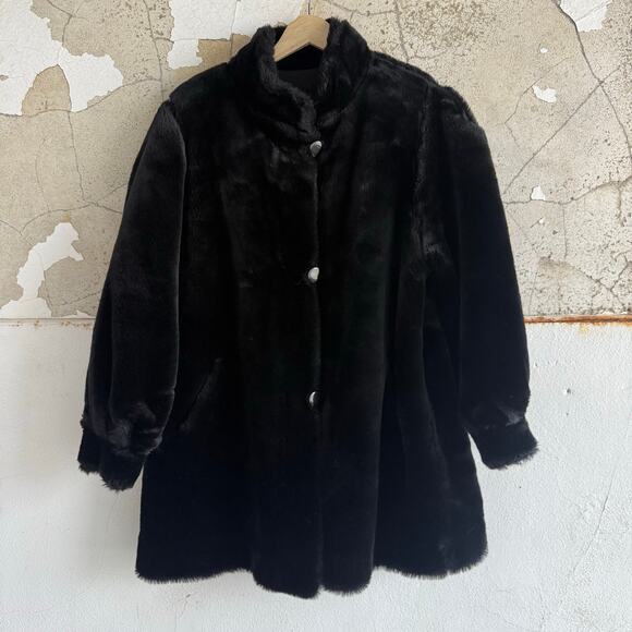 Vtg Faux Fur Coat Black‎ Reversible Womens XL Mob Wife Glam Old Hollywood Jacket